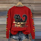 Women's Christmas Cat Print Crew Neck Casual Sweatshirt elevenforest