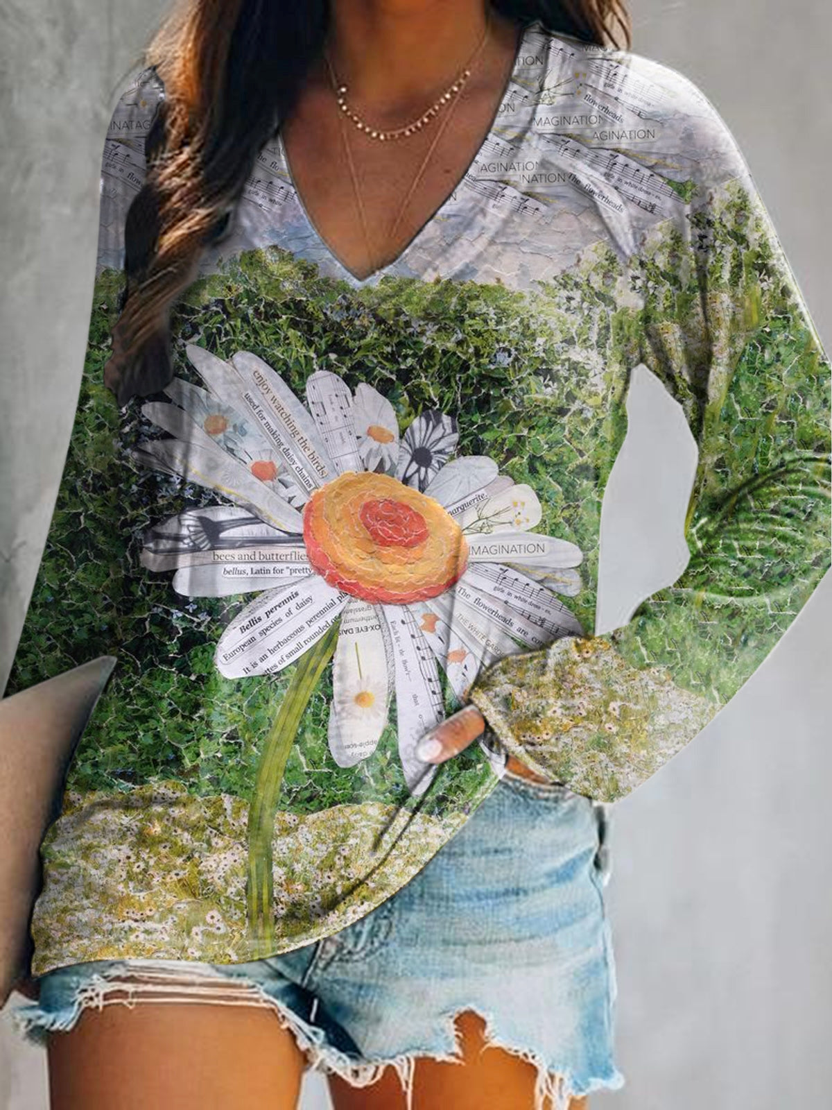 Women's Daisy Art Print V-Neck Long Sleeve Top