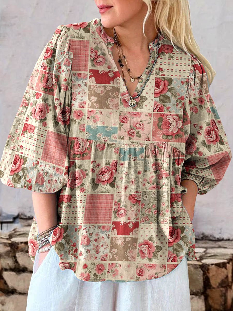 Women's Retro Floral Art Print Cotton And Linen Casual Top