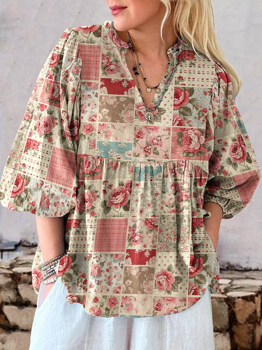 Women's Retro Floral Art Print Cotton And Linen Casual Top