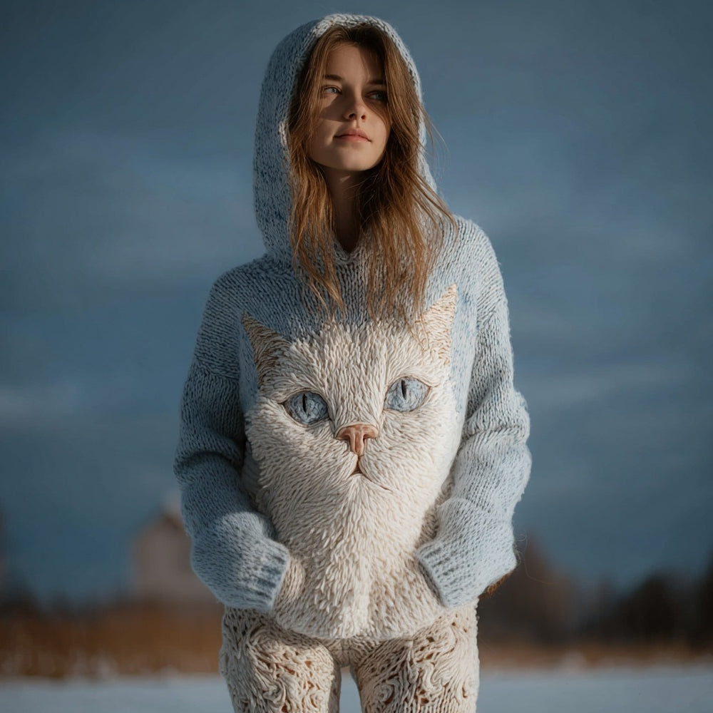 Cute Fuzzy Cat Embroidered Cozy Knit Hooded Sweater elevenforest