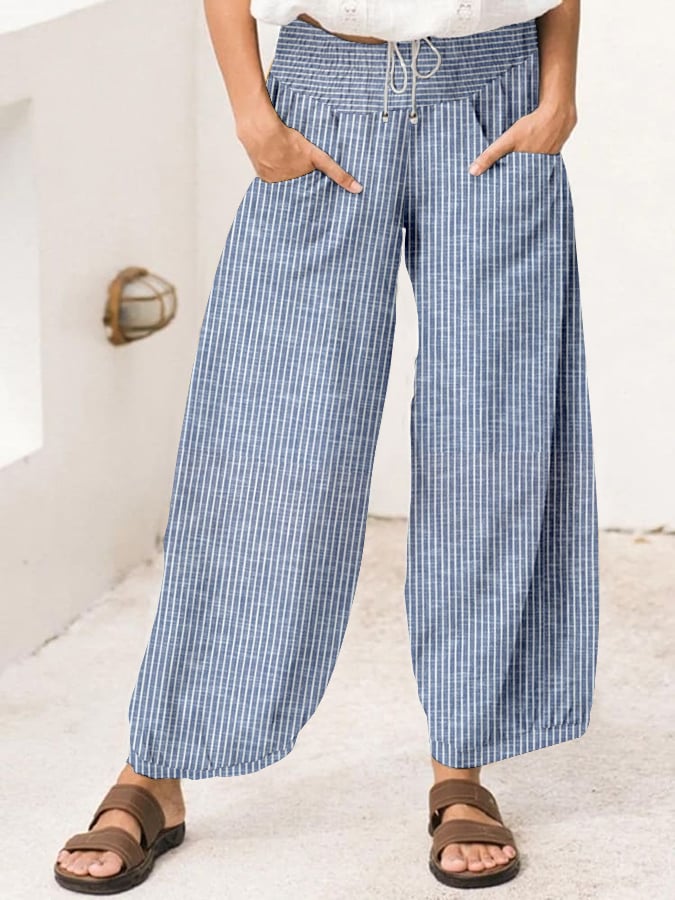 Women's Retro Striped Design Lace-Up Elastic Waist Loose Casual Pants