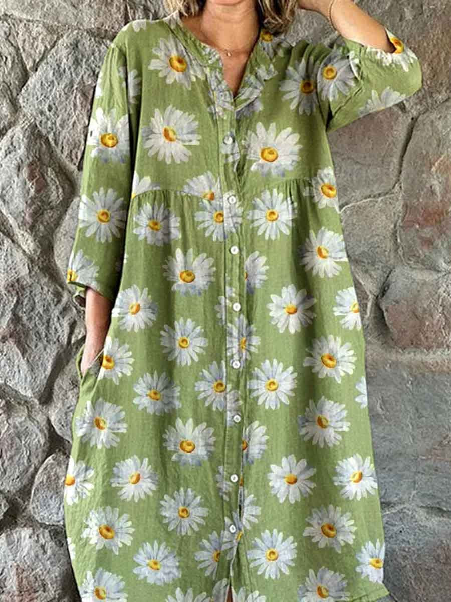 Women's Elegant Vintage Chrysanthemum Floral Print Shirt Style Cotton 