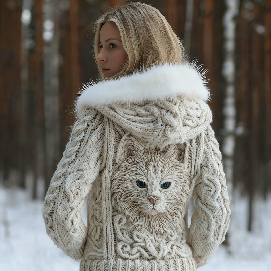 Viking Retro Cat Design Women's Hooded Knit Sweater Jacket elevenforest