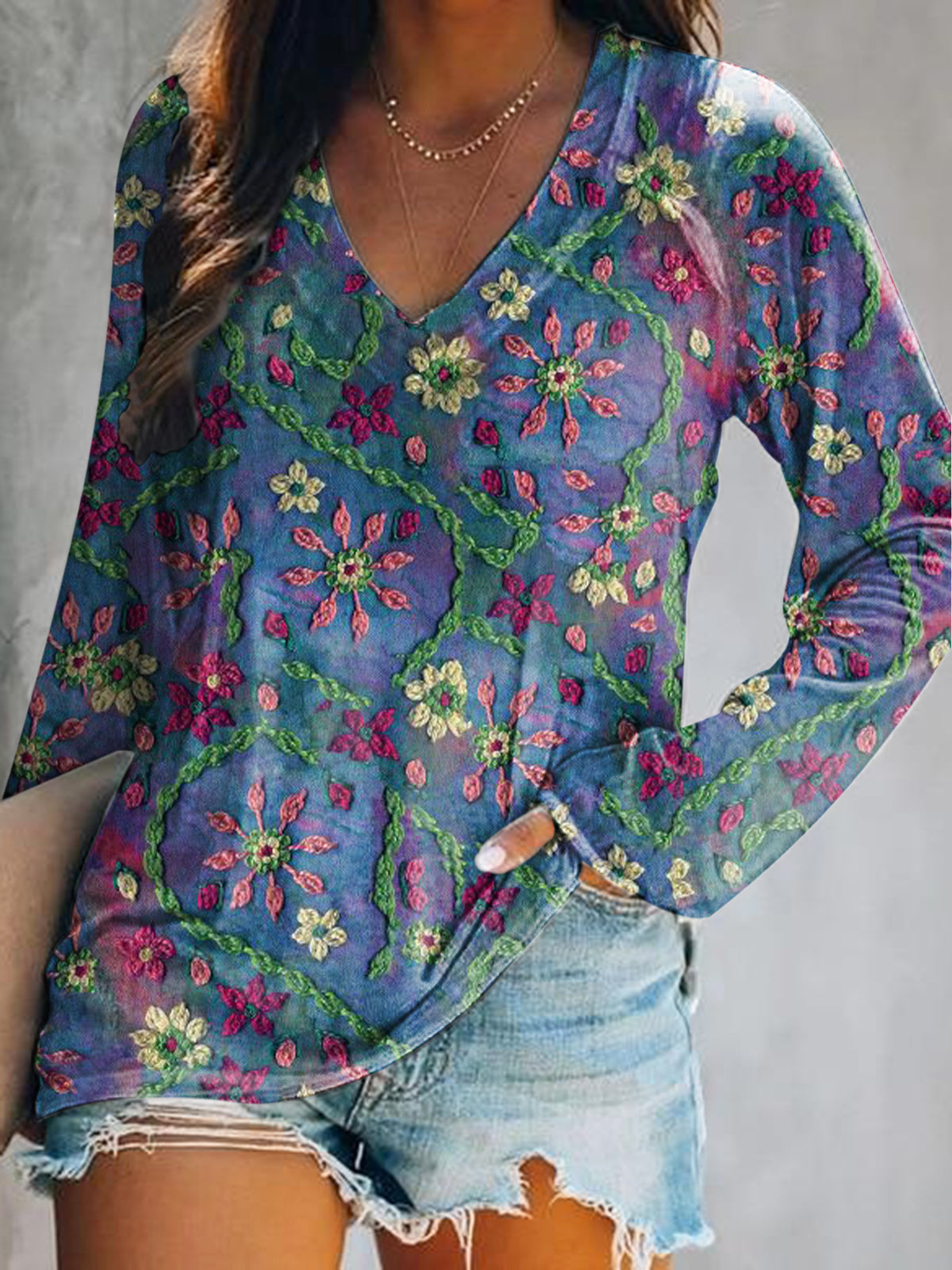 Women's Casual Vintage Floral Art Print V Neck Long Sleeve Tops