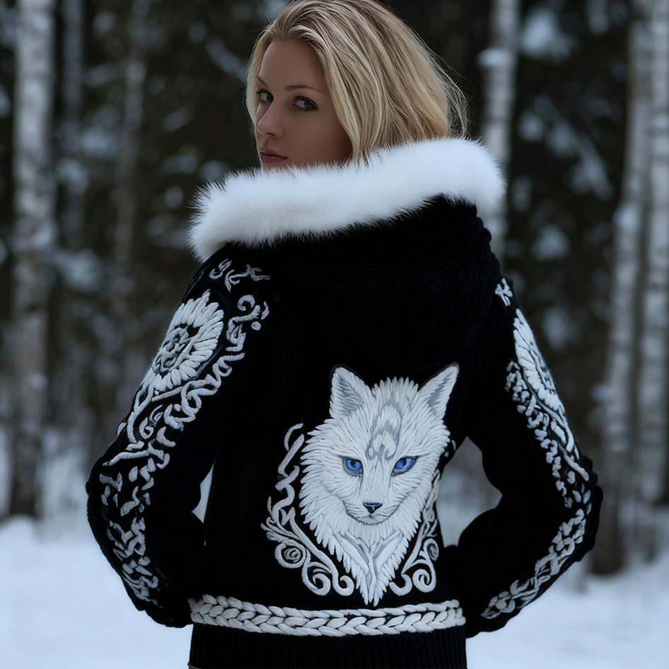 Viking Retro Style Cat Embroidery Pattern Women's Knit Hooded Sweater Jacket elevenforest