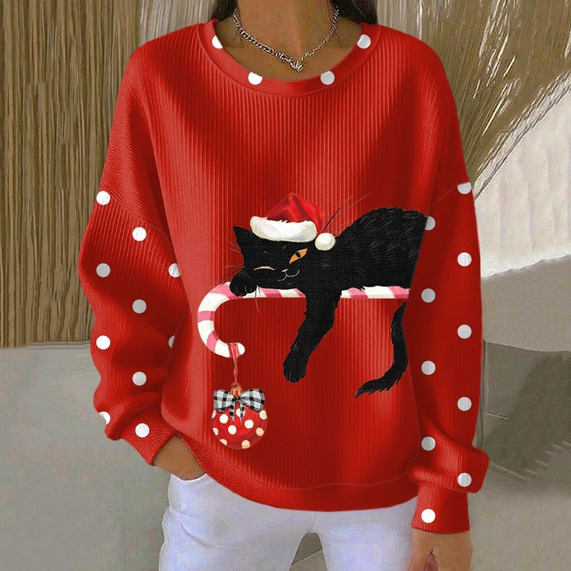 Women's Christmas Cat Print Crew Neck Casual Sweatshirt elevenforest