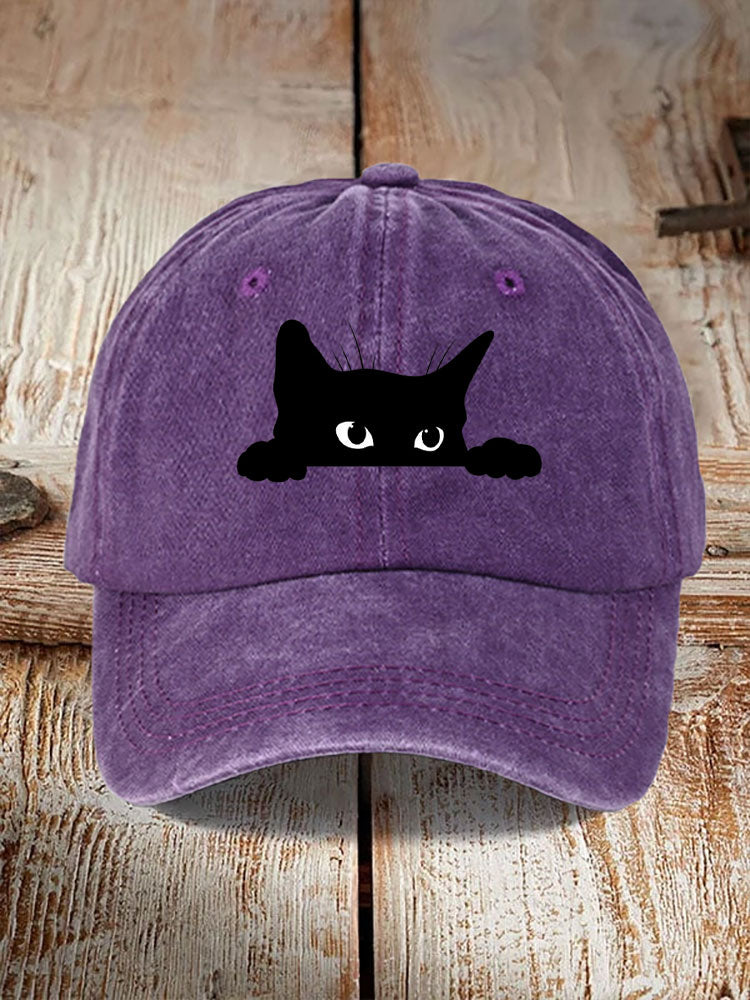 Unisex Washed Cotton Bend Casual Black Cat Print Hat elevenforest