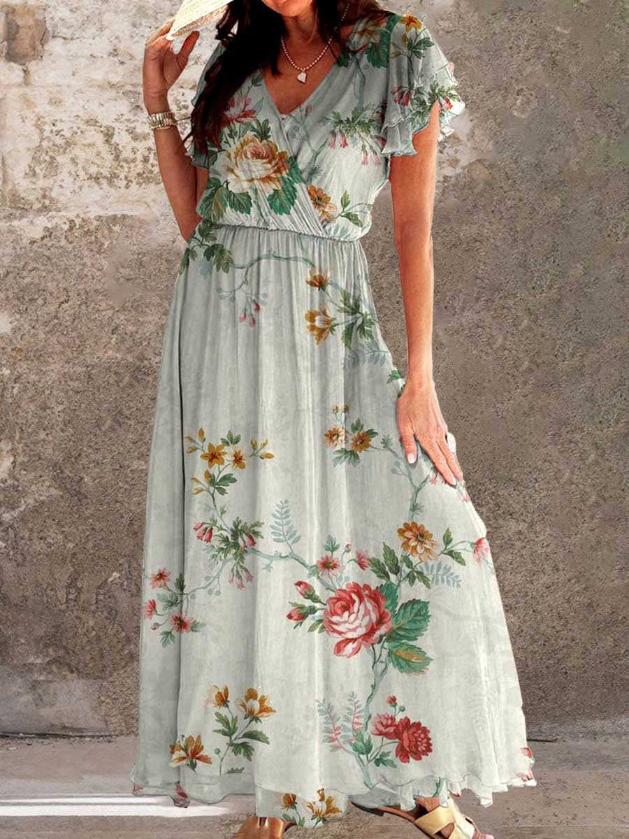 Women's Elegant Vintage Rose Floral Pattern Dress