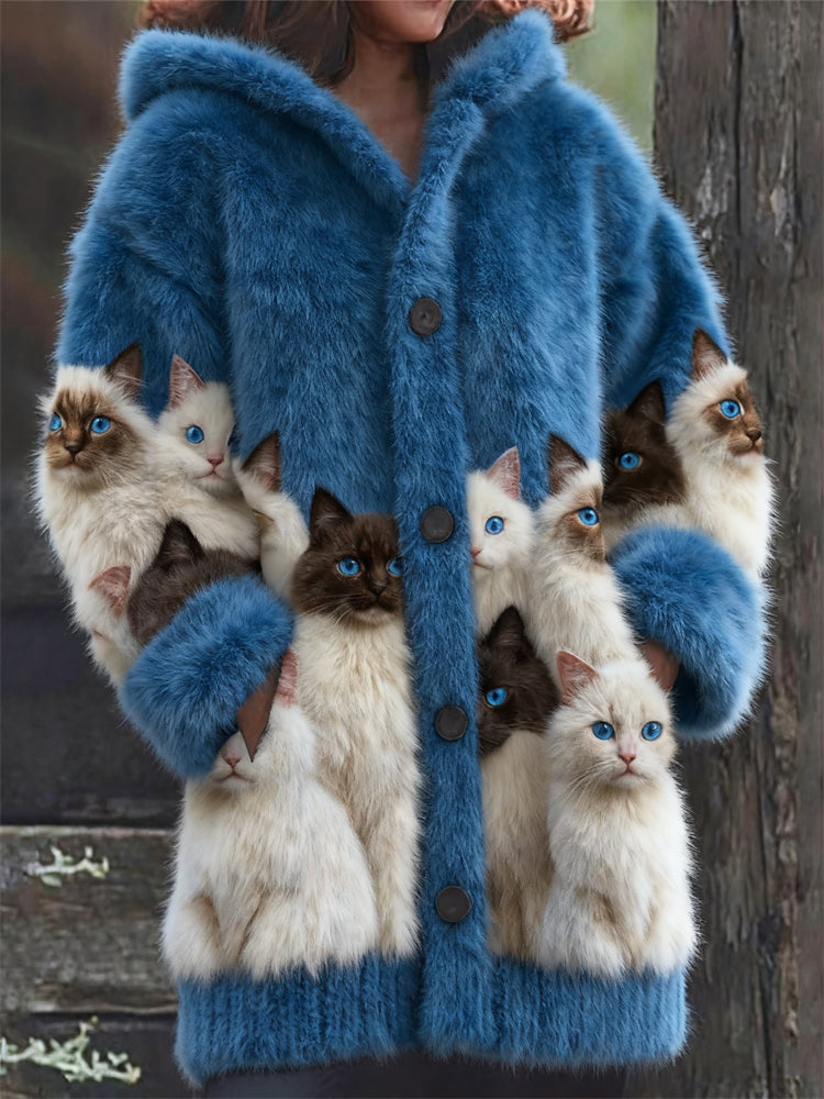 Classy Fuzzy Cats Art Cozy Knit Hooded Cardigan elevenforest