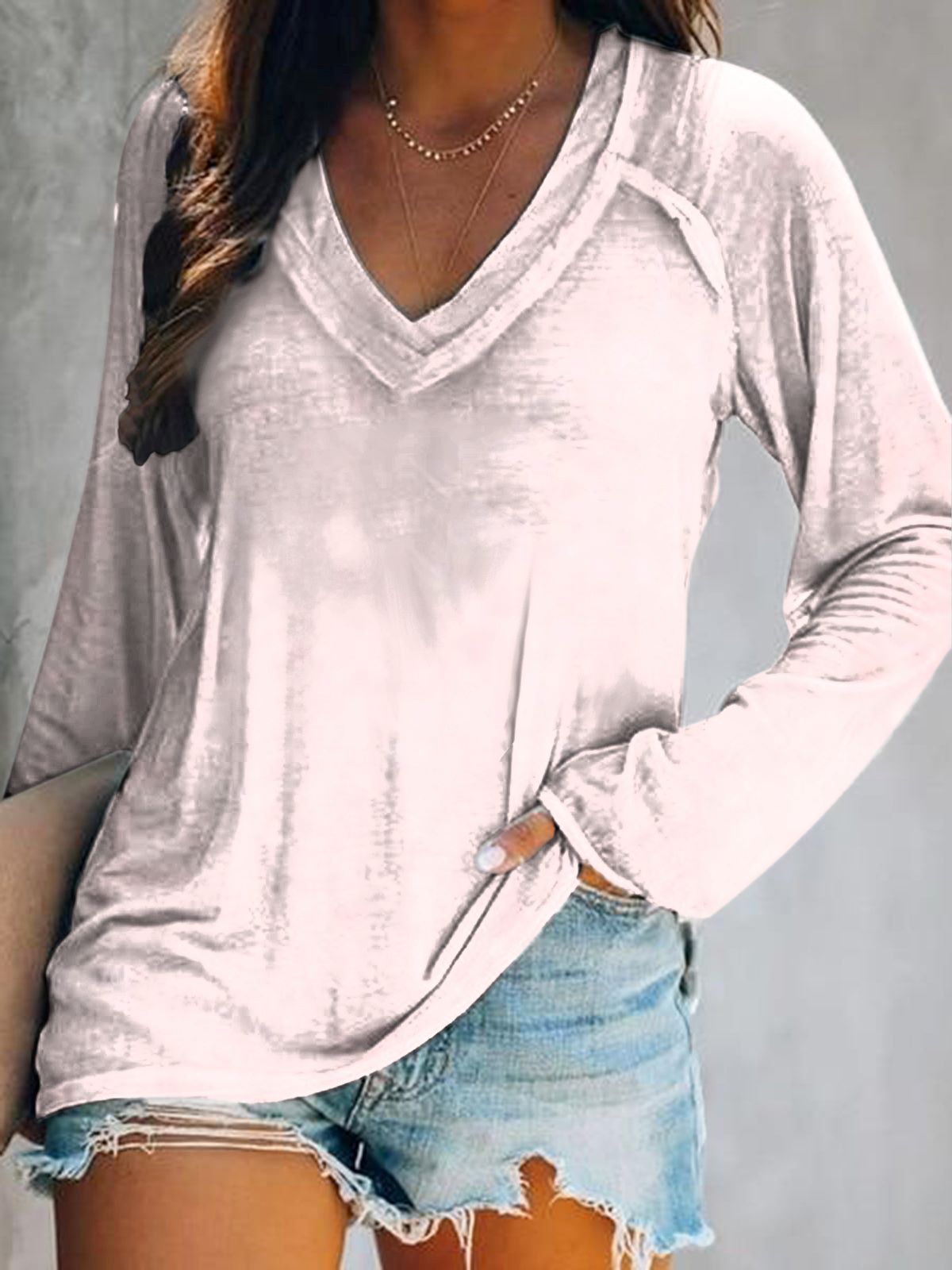 Women's Solid Color Patterned Art Print V-Neck Long Sleeve Top