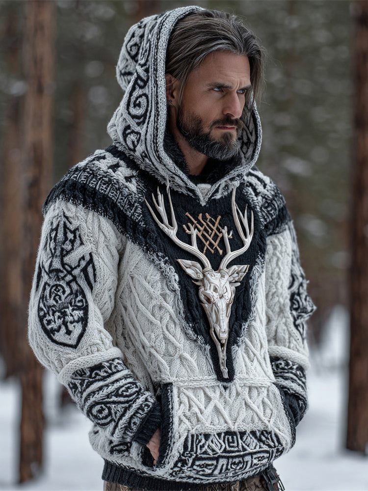 Viking Skull Deer Head Vintage Men's Knit Hooded Sweater elevenforest