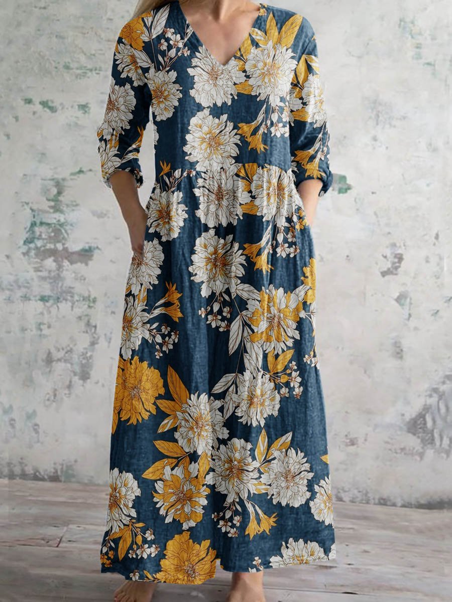 Women's Vintage Floral Print Casual Cotton Dress