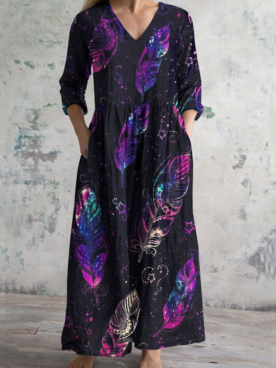 Women's Vintage Feather Print Casual Cotton Dress