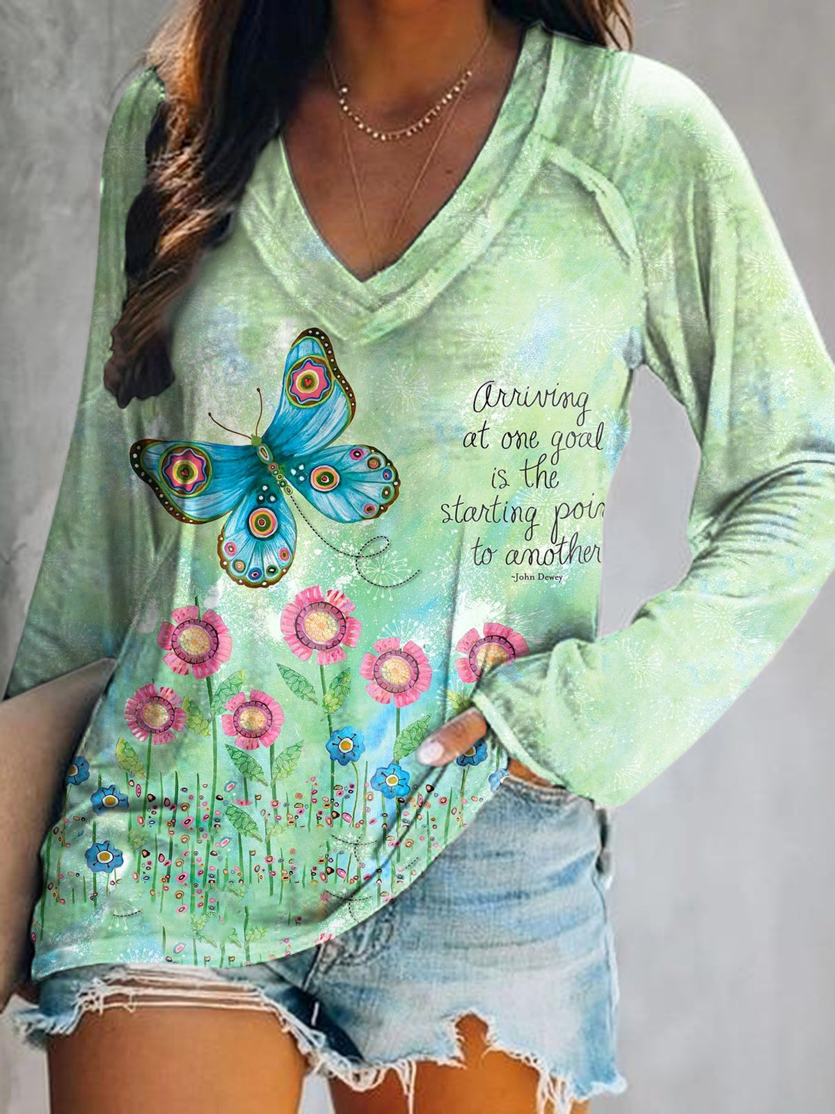 Women's Butterfly Floral Art Print V-Neck Long Sleeve Top