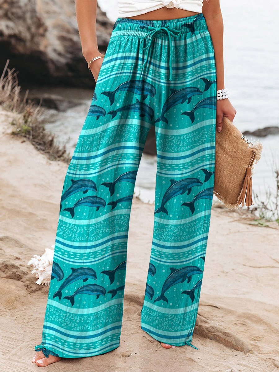 Women's Vintage Lovely Whales Ocean Art Printed Cotton And Linen Casual Pants