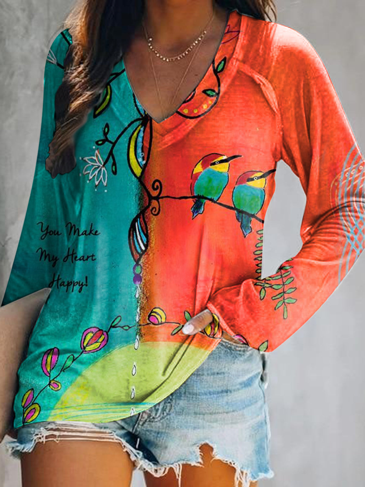 Women's Casual Vintage Floral Bird Art Print V Neck Long Sleeve Tops