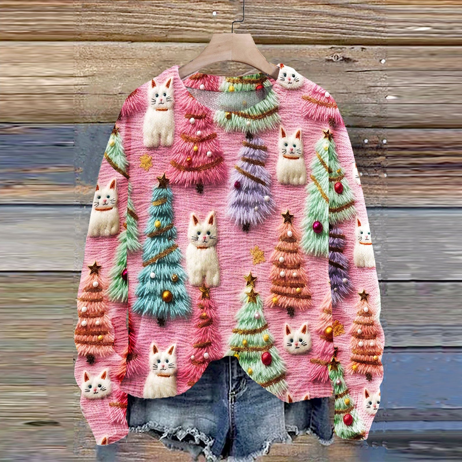 Christmas Tree Cute Cat 3D Print Knit Pullover Sweater elevenforest