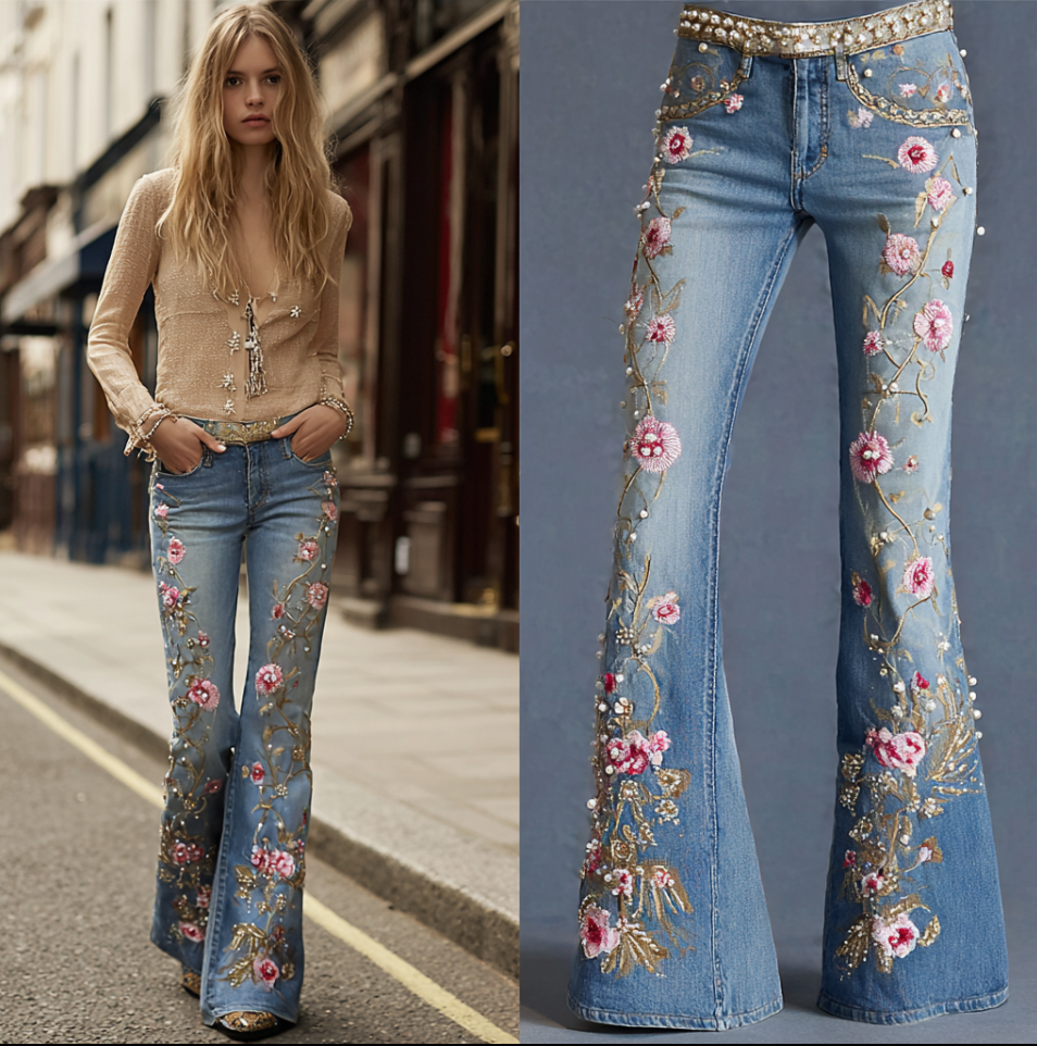 Bohemian Style Women's Plant Flower Embroidery Loose Fit Wide Leg Straight Leg Denim Long Pants