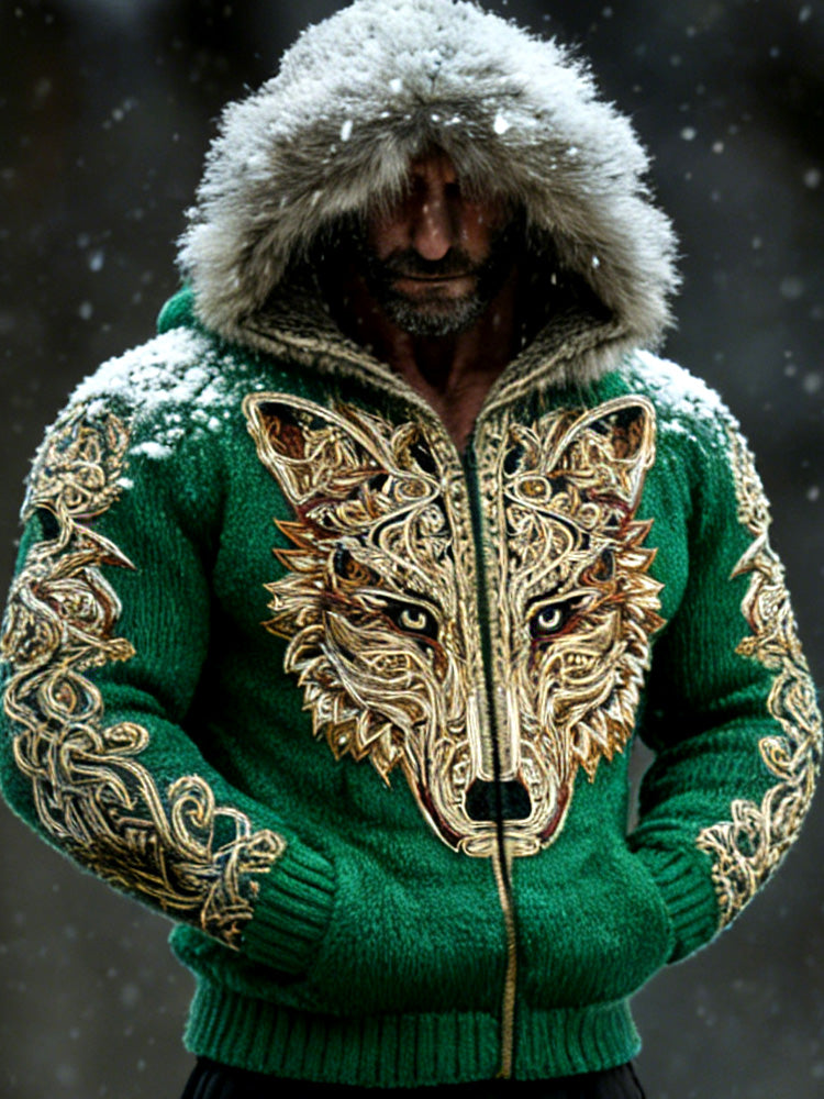 Men's Retro Viking Wolf Embroidered Print Hooded Jacket elevenforest