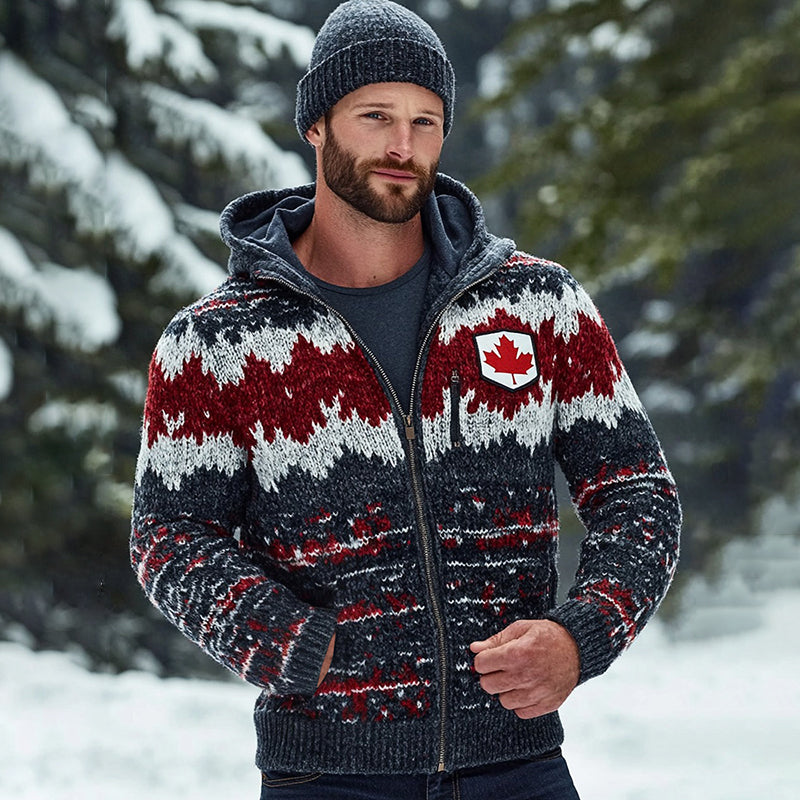 Men's Canadian Maple Leaf  Jacquard Cozy Zip Up Cardigan Sweater elevenforest