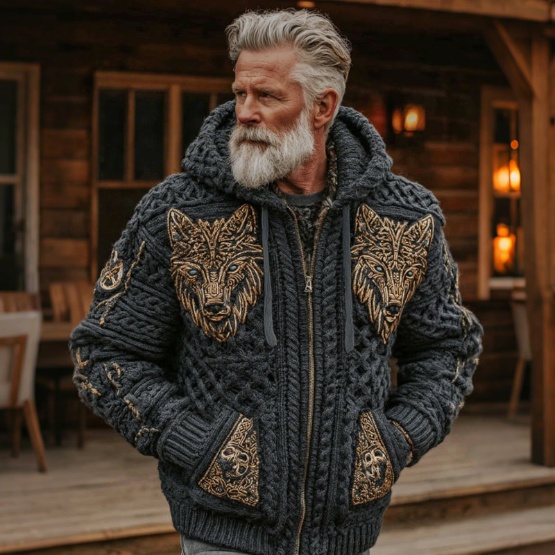 Men's Viking Geometry Celtic Wolf Pattern Art Cozy Hooded Jacket elevenforest