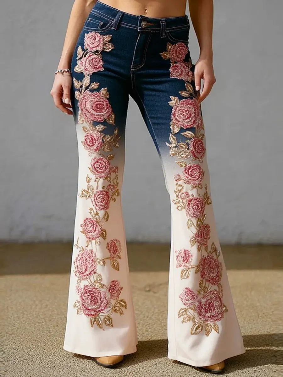 Women's Vintage Floral Pattern Art Print Casual Cotton Denim Pants
