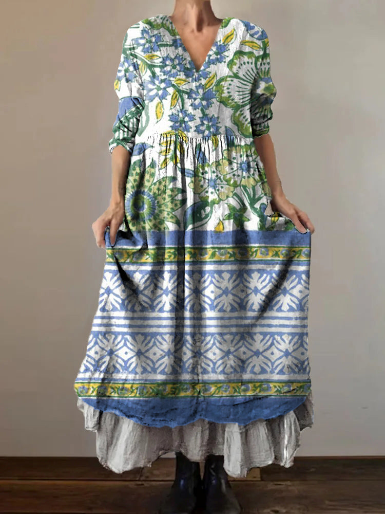 Women's Floral Art Print V-Neck Pocket Cotton Dress