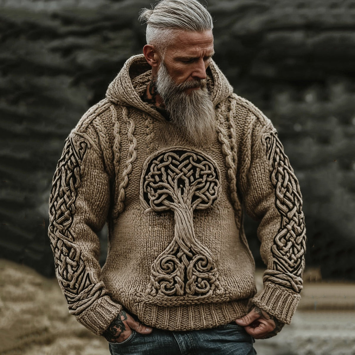 Men's Viking Life Of Tree Jacquard Knitted Hooded Sweater elevenforest