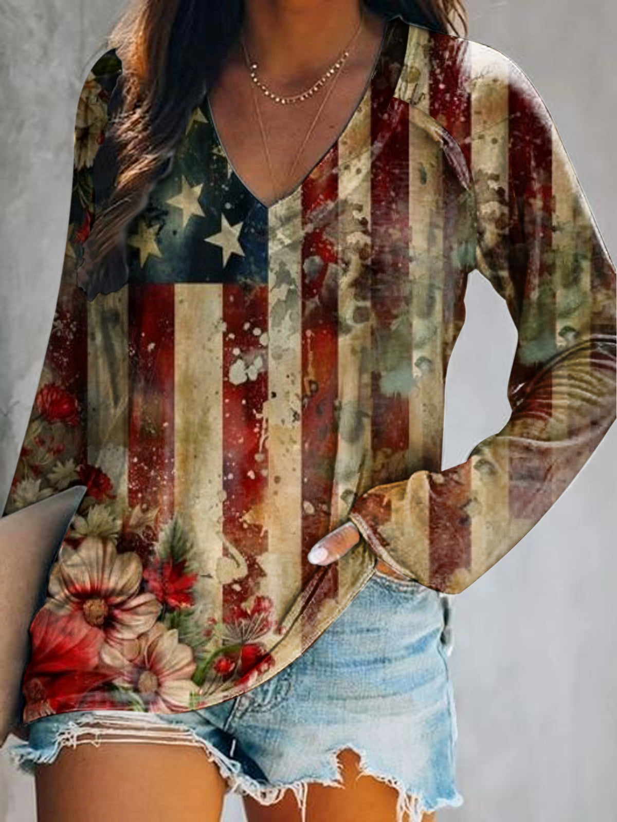 Women's Vintage Flag Floral Art Print Casual V Neck Long Sleeve Tops