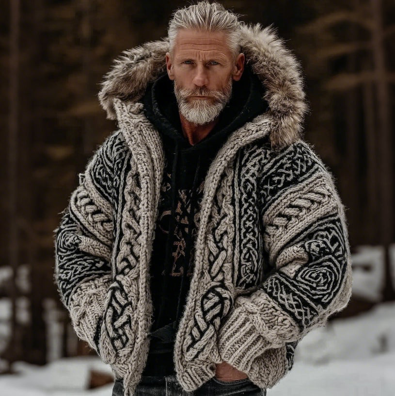 Men's Vintage Viking Celtic Knot Cozy Fur Hooded Chunky Cardigan elevenforest