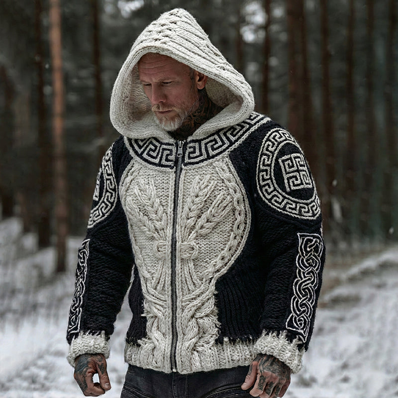 Men's Greek Key With Wheat Sheaf Art Zip Cozy Hooded Cardigan elevenforest