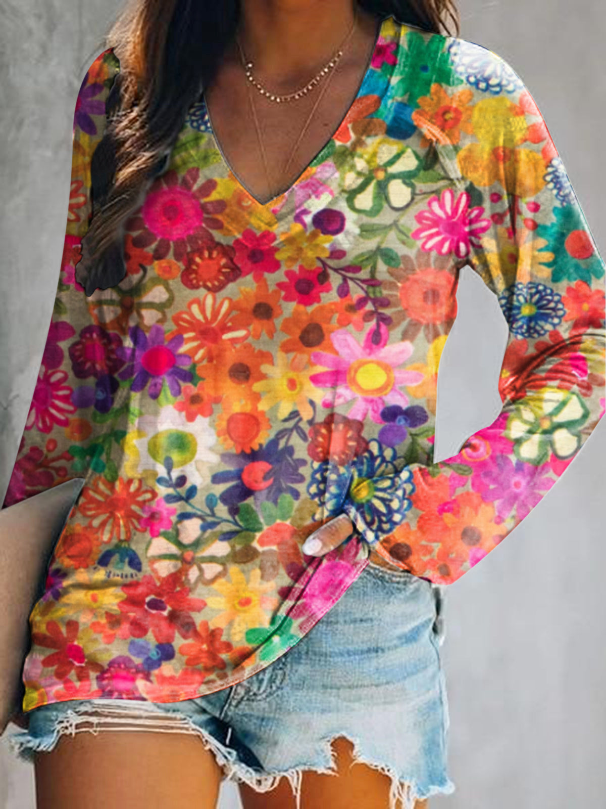Women's Painting Floral Art Print Casual V Neck Long Sleeve Tops