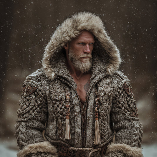 Men's Vintage Viking Celtic Knot Cozy Fur Hooded Cardigan elevenforest