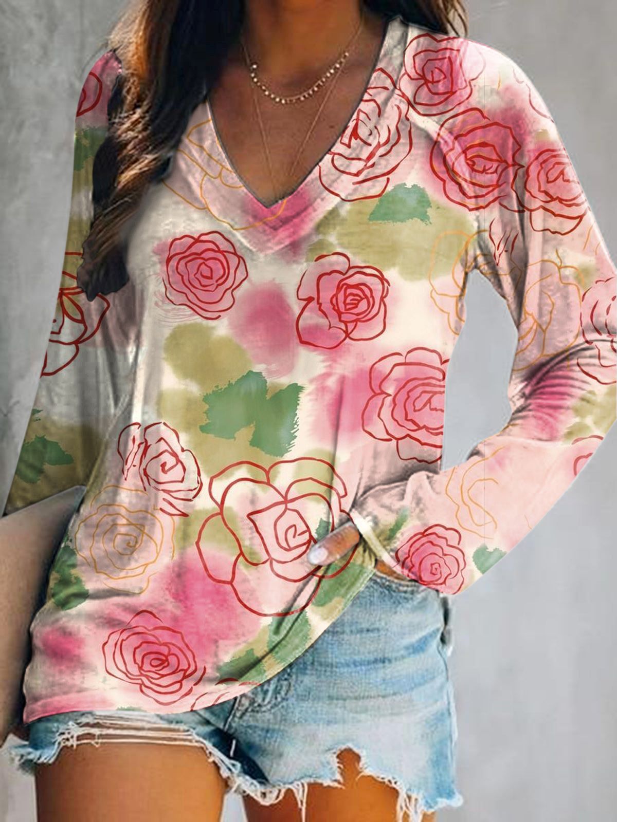 Women's Floral Art Print V-Neck Long Sleeve Top