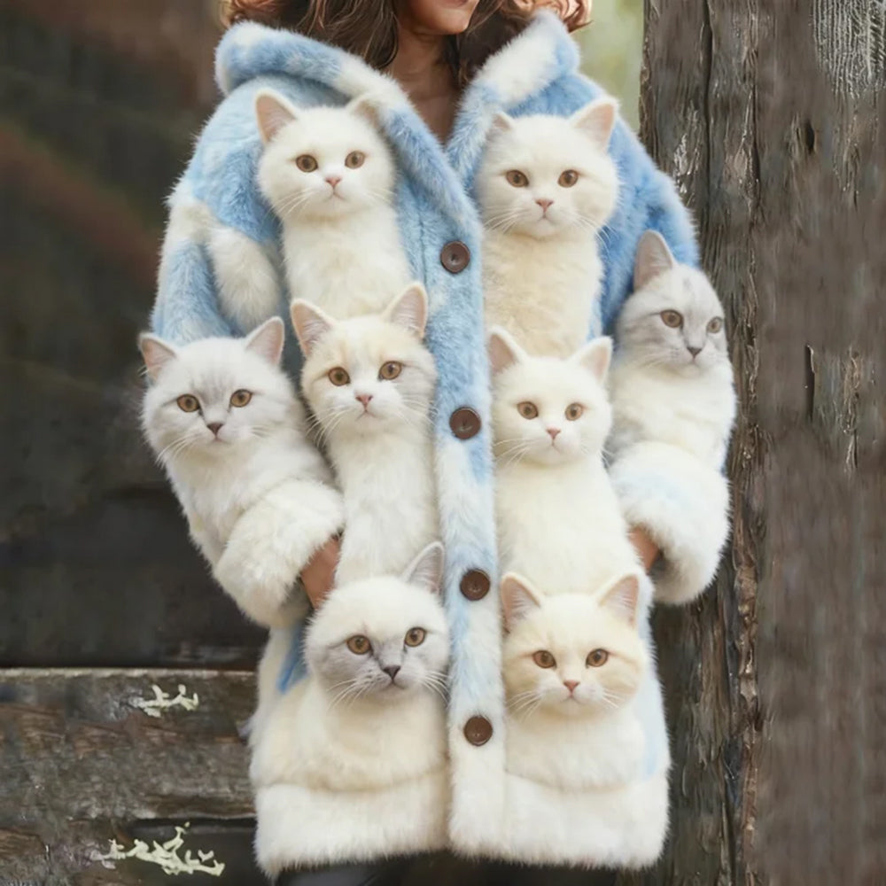 Probe Cat Fleece Hooded Cardigan Long Sweater elevenforest