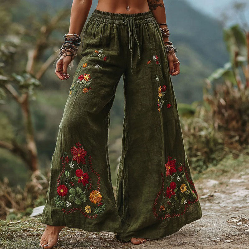 Women's Vintage Bohemian Floral Art Comfy Linen Pants