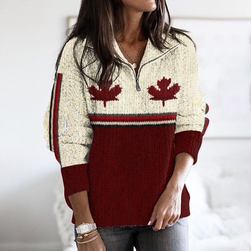 Women's Canadian Maple Leaf Pattern Cozy Knit Half-zip Sweater elevenforest