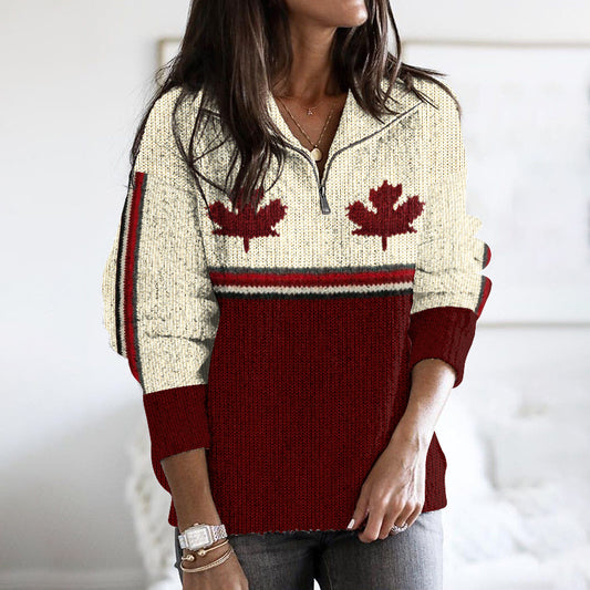 Women's Canadian Maple Leaf Pattern Cozy Knit Half-zip Sweater elevenforest