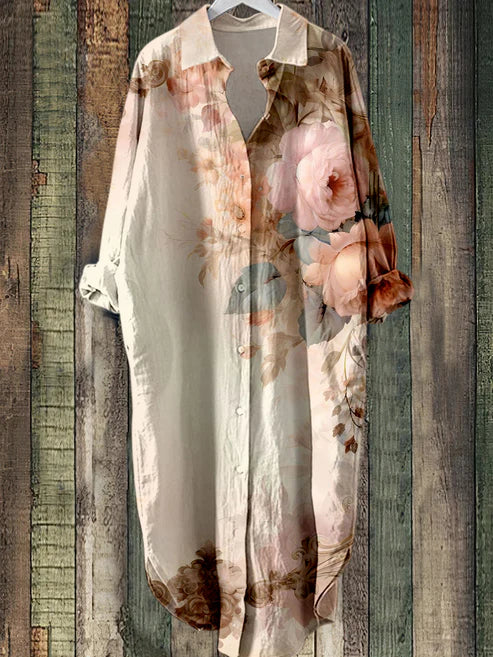 ER | Abito midi abbottonato con stampa floreale